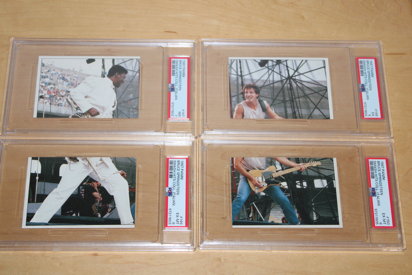 Bruce Springsteen & Clarence Clemons 1987 Panini Collection of 4 Cards - PSA CERTIFIED, GRADED
