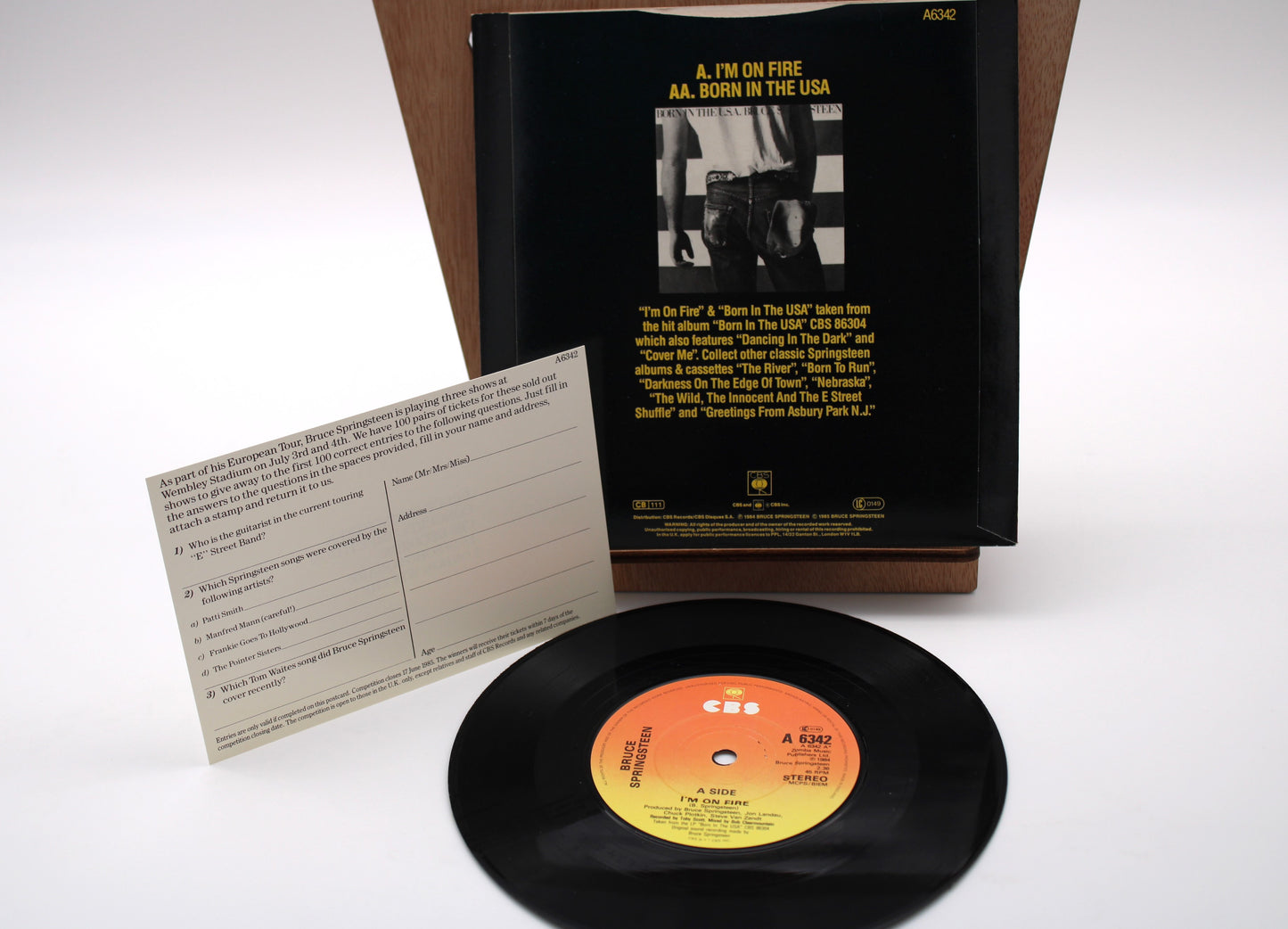 Bruce Springsteen - Born In The USA & I'm On Fire - CBS 45 Record with Competition Sticker & Original Card