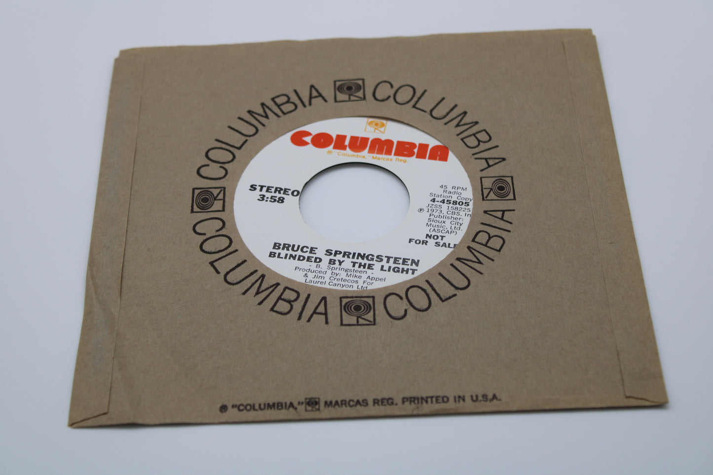 Bruce Springsteen "Blinded By the Light" 45 Record 'Radio Station Copy' - Near Mint Collectible