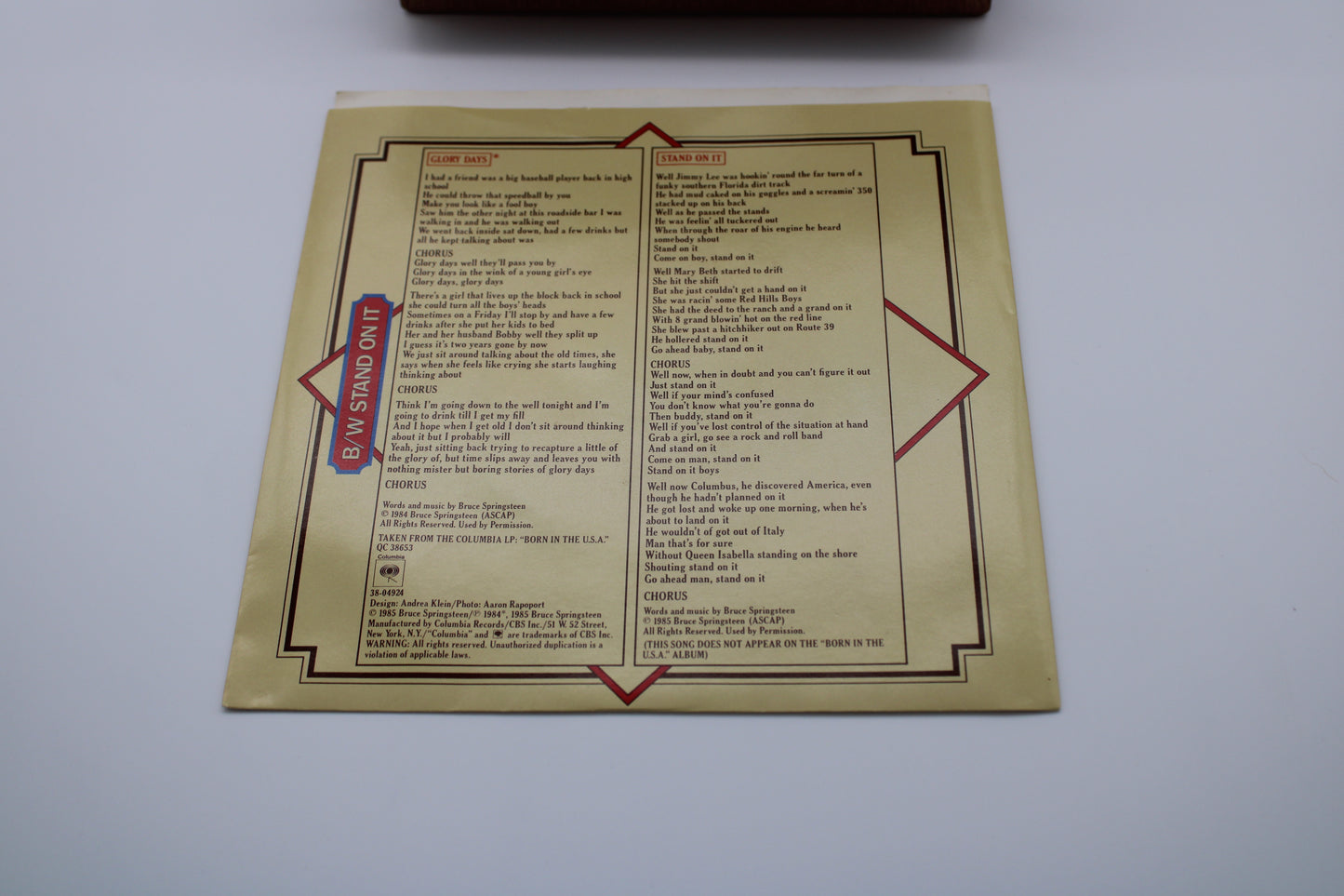 Bruce Springsteen - Glory Days Vinyl + Picture Sleeve + Lyrics - 1984 US 45 Near Mint