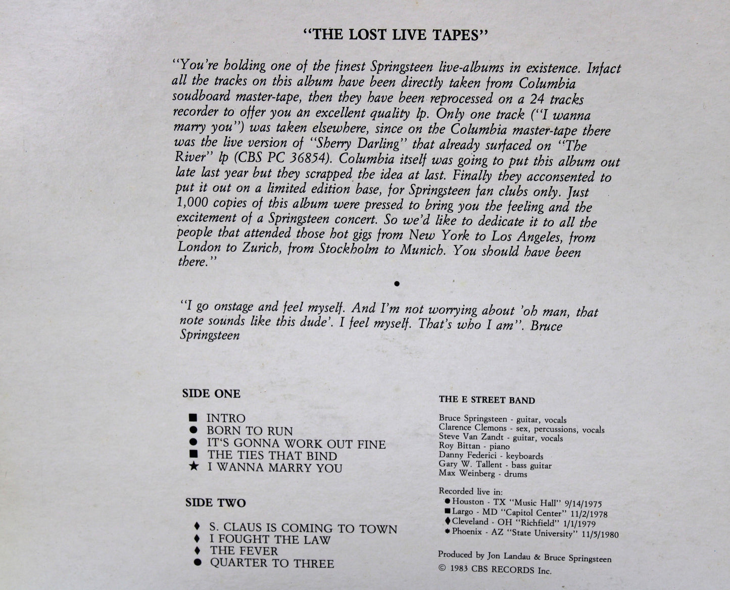 Bruce Springsteen "The Lost Live Tapes" Vinyl LP - Live in '75 '78 '79, 80 - Unofficial