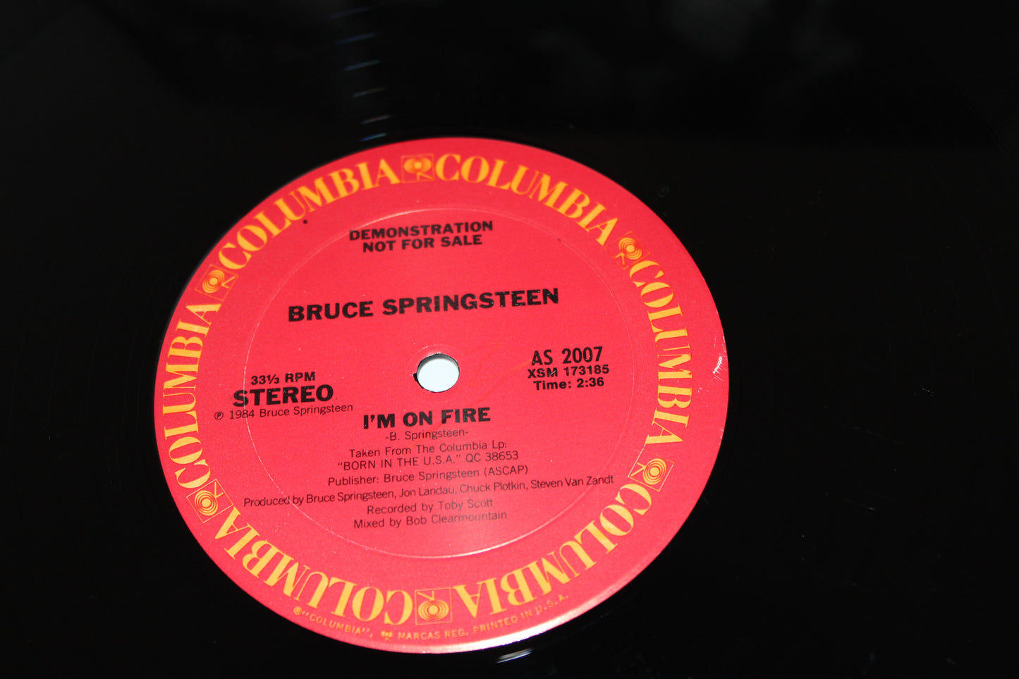 Bruce Springsteen 12" DEMO Vinyl "I'M ON FIRE" Columbia US 1984 Rare Black & White Jacket